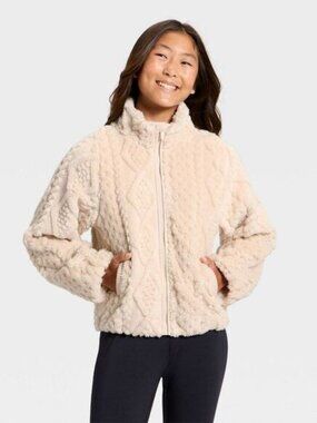 NEW Girls' High Pile Cable Texture Full Zip Jacket All In Motion™ Cream XL (14)